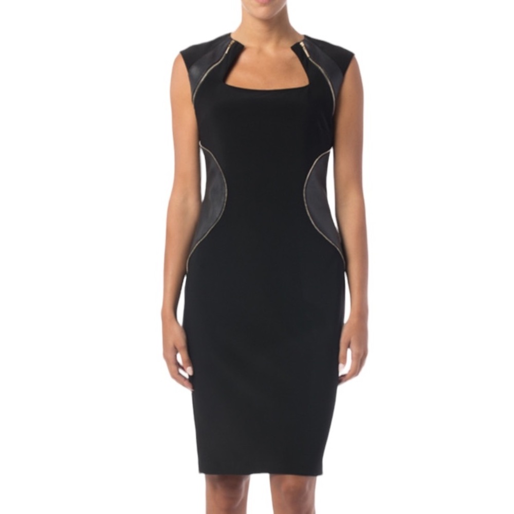Joseph Ribkoff black cut out collar faux leather gold zip shape dress. Size 8